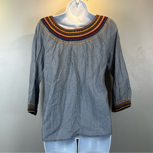 Lucky Brand Striped Peasant Top With Colorful Neck & Cuff Detail Bohemian - Picture 2 of 11